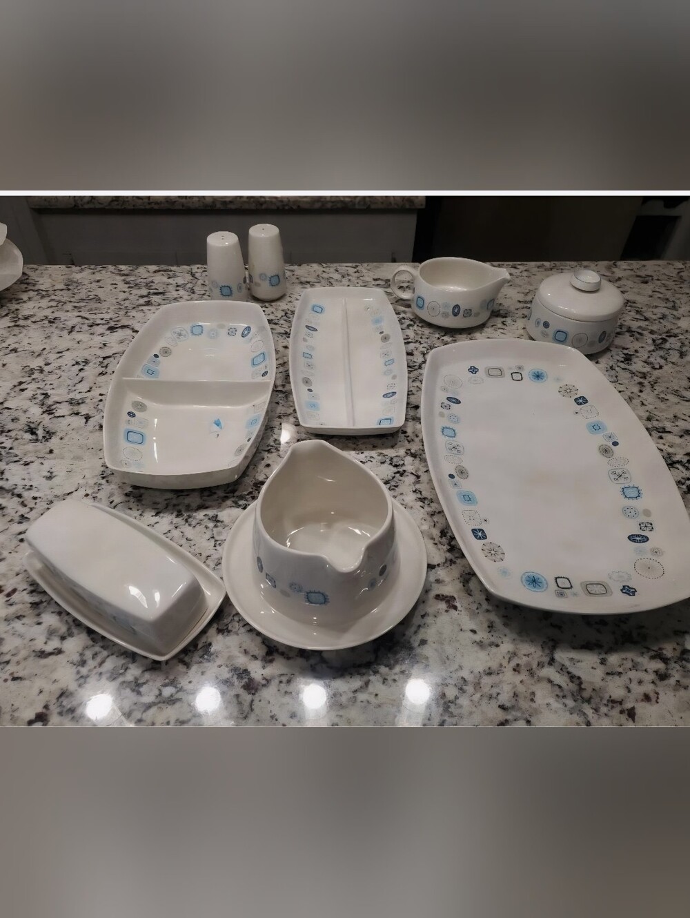 Franciscan White Ceramic Serveware with Light Blue Motif - 11 Pieces